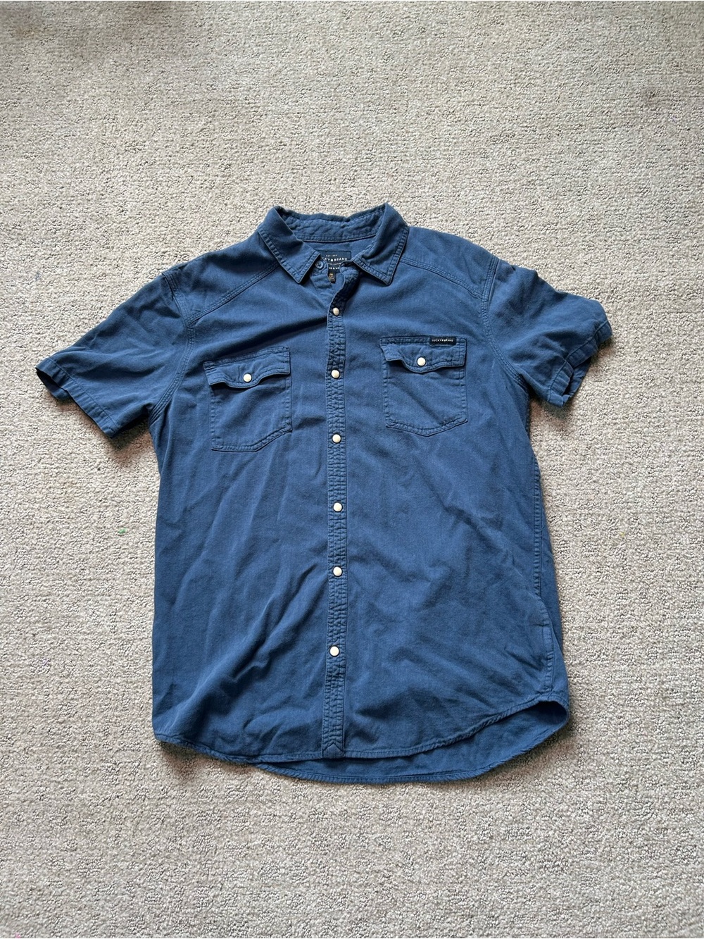 Lucky Brand Mens Med Navy Blue SS Pearl Sap Western Shirt Washed & Worn RN 80318